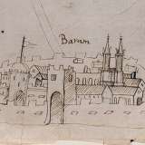 In basso ecco una veduta di Bari. La citt� viene raffigurata interamente cinta da alte mura fortificate, con al centro Porta Vecchia, l�unica esistente a quel tempo. L'accesso � affiancato a sinistra da un torrione del Castello e a destra dalla Cattedrale dotata ancora del secondo campanile che croll� nel 1613 